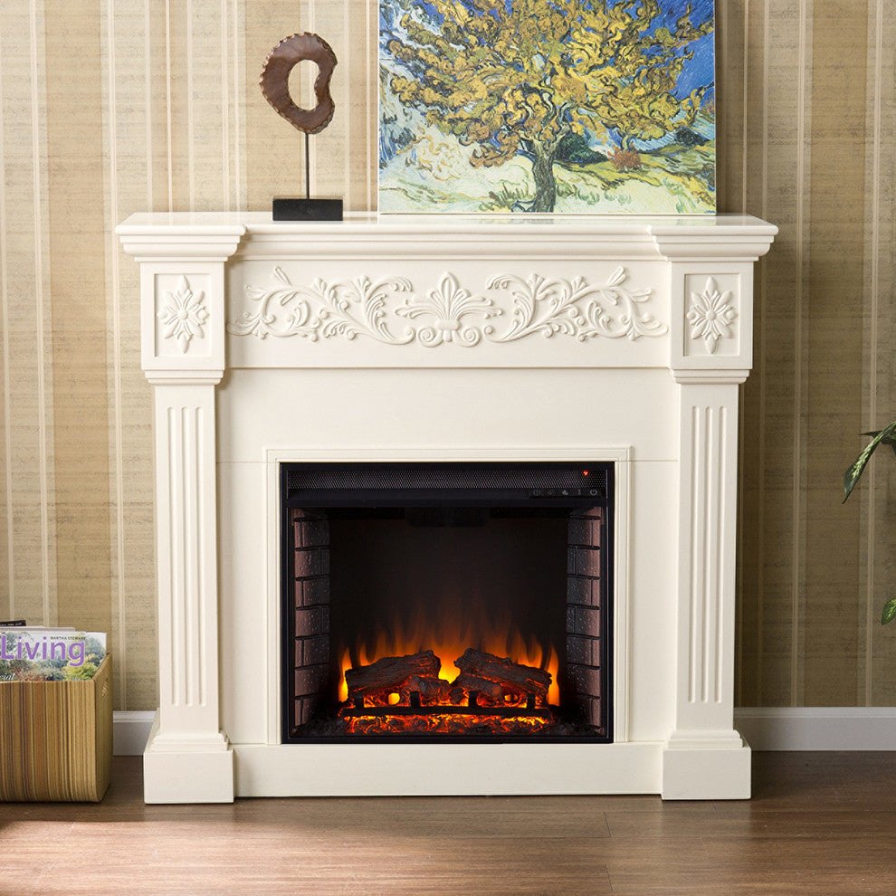 Eastport Carved Electric Fireplace, Ivory