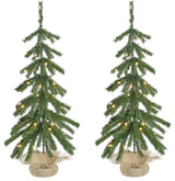 3' Downswept Farmhouse Fir Christmas Tree, Burlap Bag, LED Lights, Set of 2