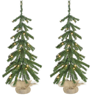 3' Downswept Farmhouse Fir Christmas Tree, Burlap Bag, LED Lights, Set of 2