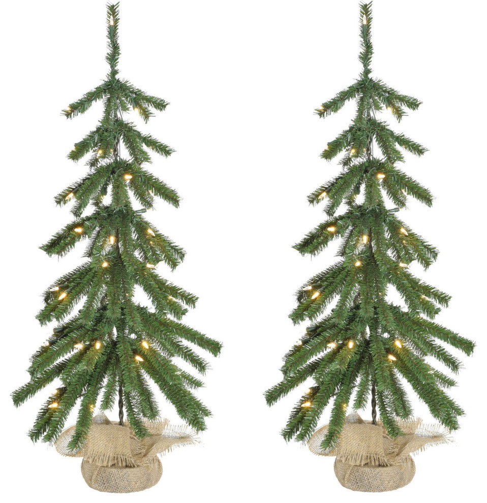 3' Downswept Farmhouse Fir Christmas Tree, Burlap Bag, LED Lights, Set of 2