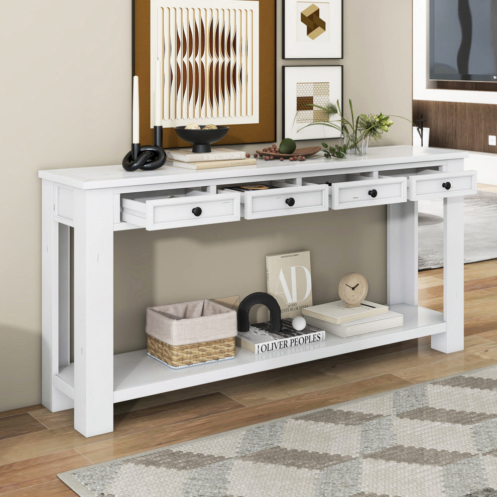 63"x30" Rustic Chic Console Table with Drawers and Shelf for Entryway Hallway, Antique White