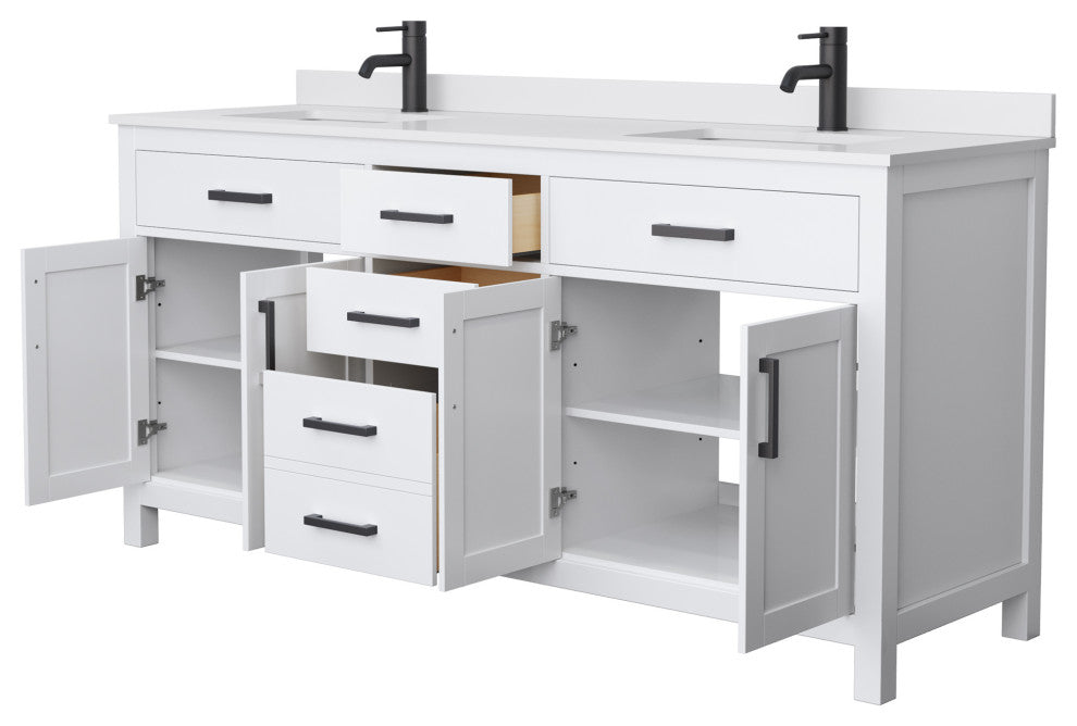72"DBL Bath Vanity White, White Cult. Marble Countertop, Sinks, Black Trim