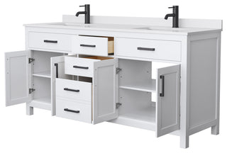 72"DBL Bath Vanity White, White Cult. Marble Countertop, Sinks, Black Trim