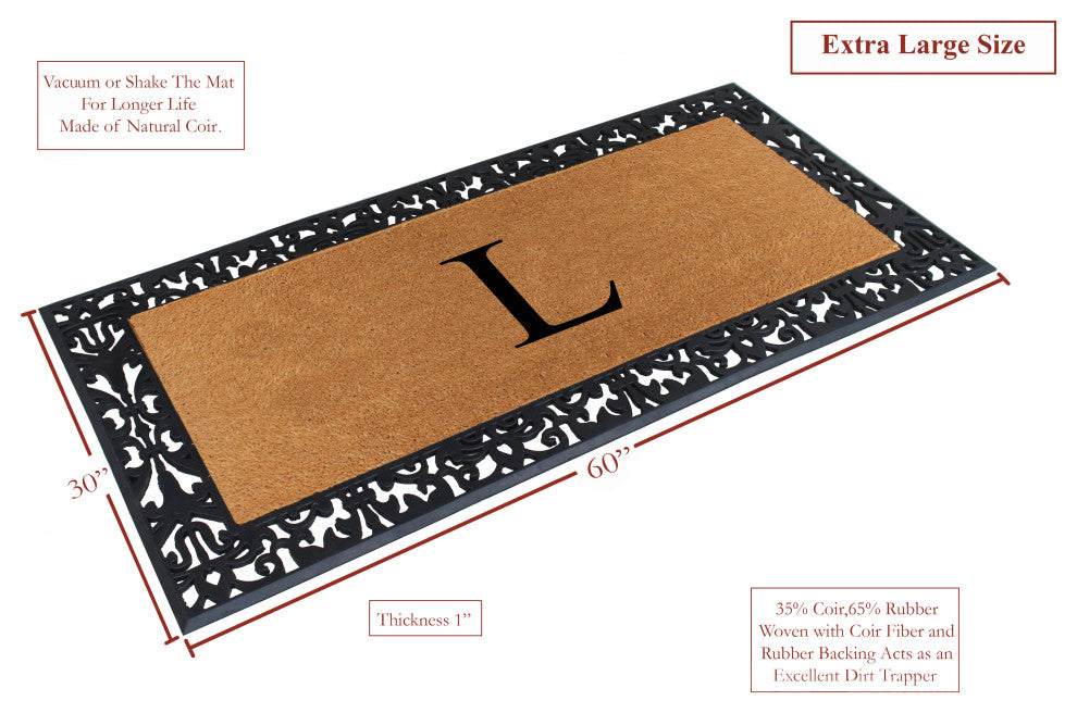 A1HC Rubber and Coir Paisley Border Durable Monogram Doormat 30"x60", Black, L