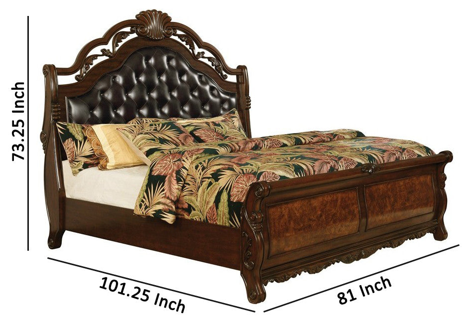 Benzara BM215818 Sleigh California King Bed With Open Carved Crown Top, Brown