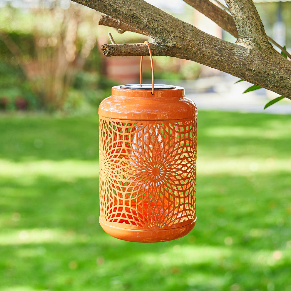 8.75"H Orange Metal Cutout Solar Powered  Lantern