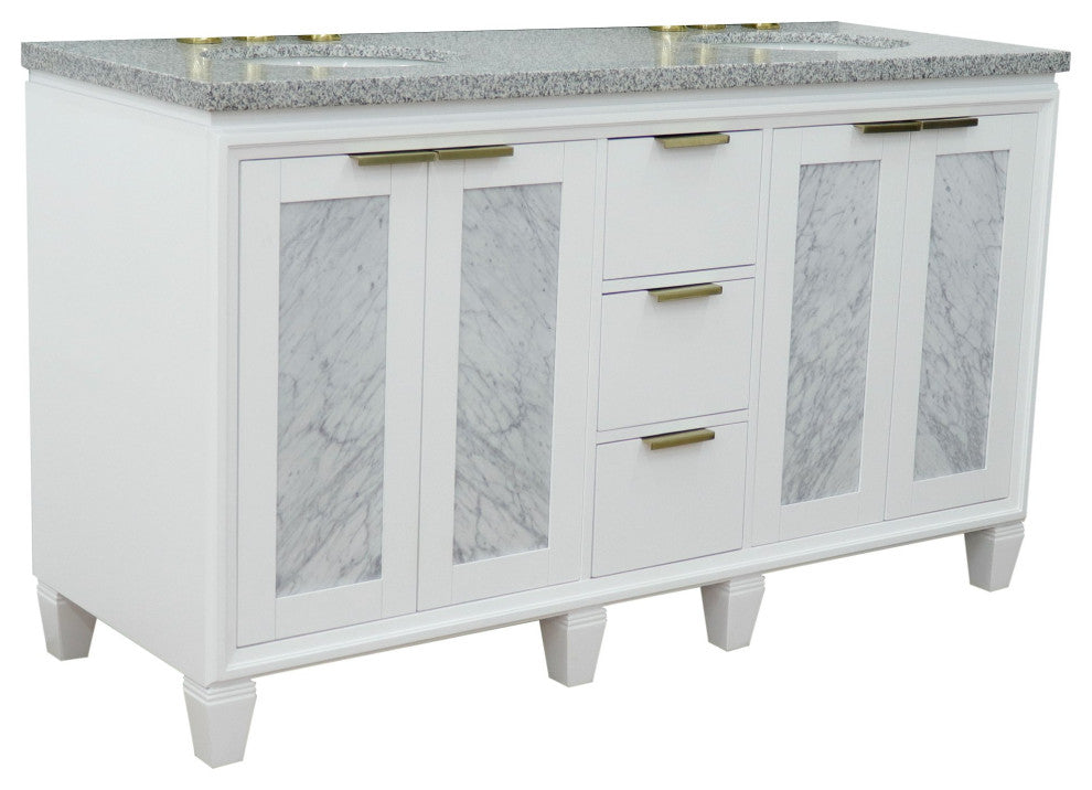 61" Double Sink Vanity, White Finish With Gray Granite And Oval Sink