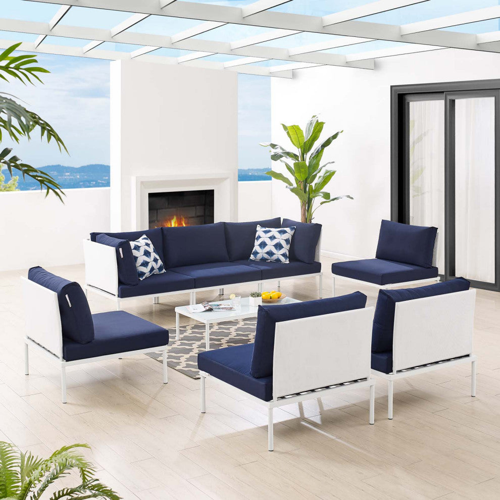 Sectional Sofa Chair Table Set, Sunbrella, Aluminum, White Blue Navy, Outdoor