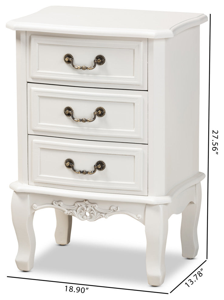 Gabrielle Traditional French Country White-Finished 3-Drawer Wood Nightstand