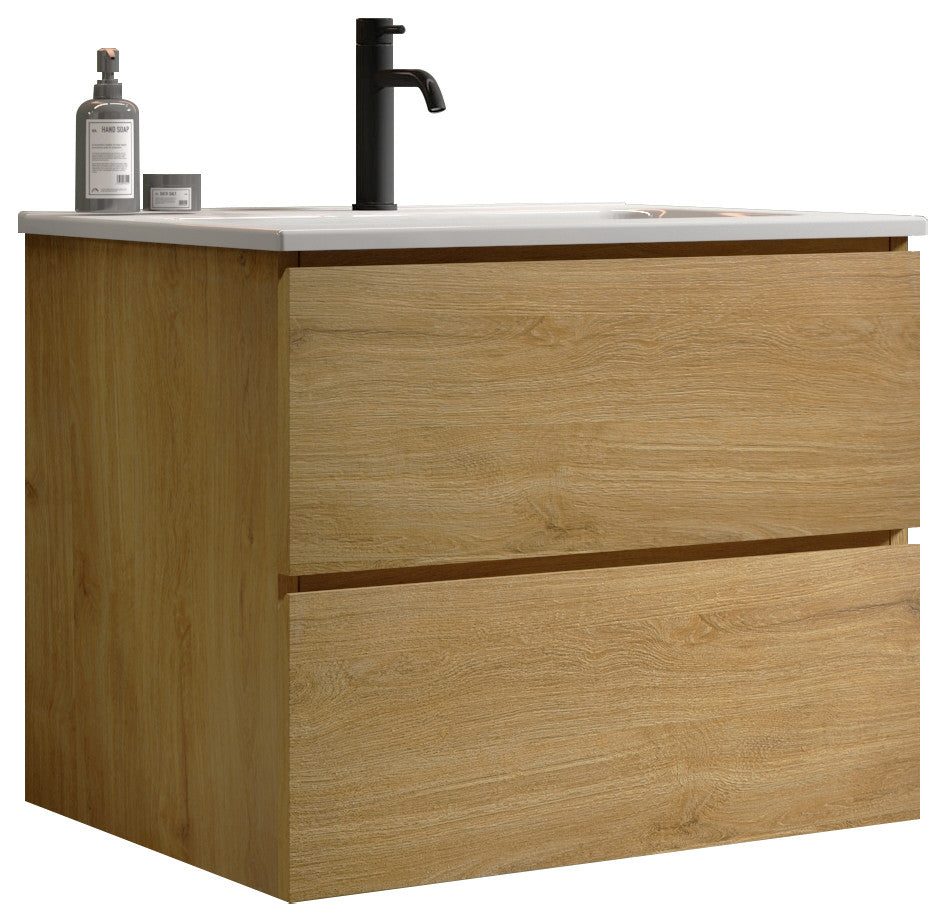 Wall-Mounted Bathroom Vanity Set with Ceramic Sink with one faucet hole, Oak