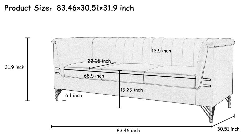 83.4'' Tuxedo Velvet Arm Sofa with Gold Leg, Black