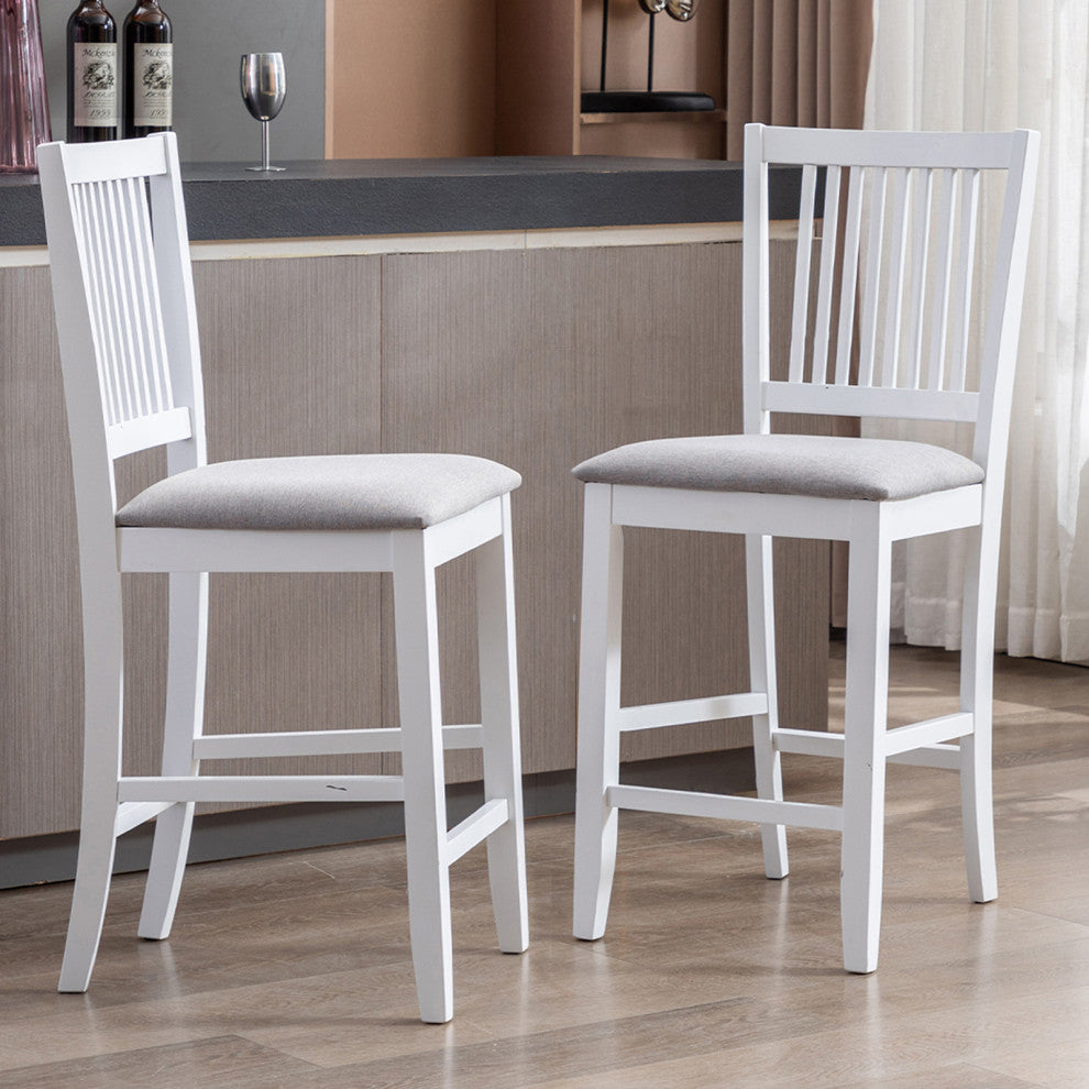 Set of 2 Slat-Back Padded Wood Counter Stools, White