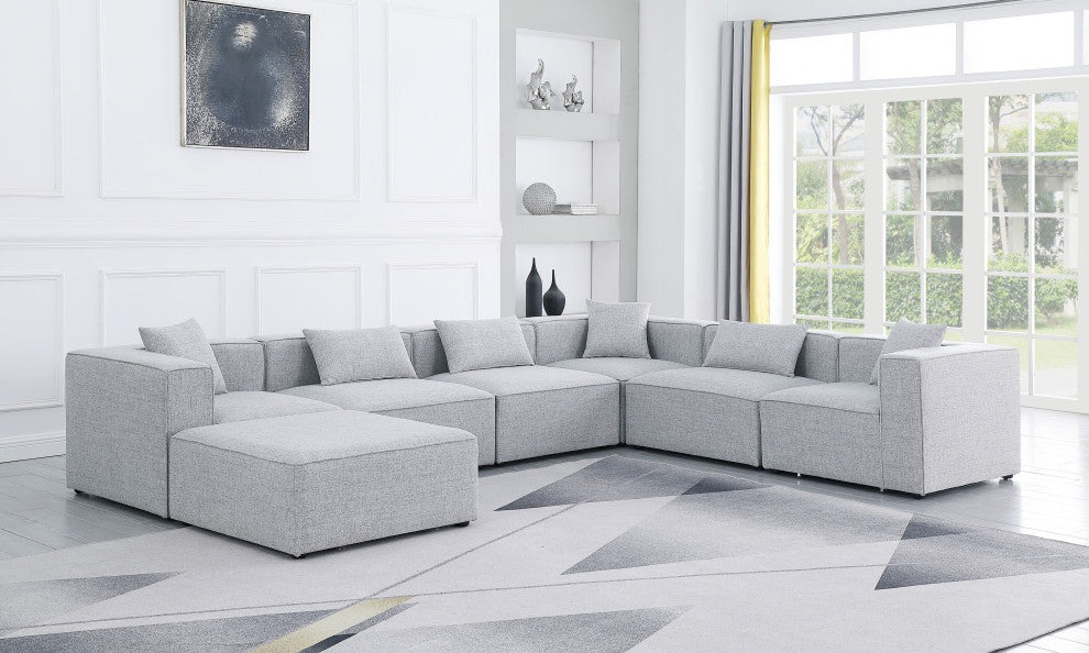 Cube Upholstered Modular Sectional, Gray, 7-Piece: 3 Armless Chair, 3 Corner Chair, 1 Ottoman, Linen Texured Fabric