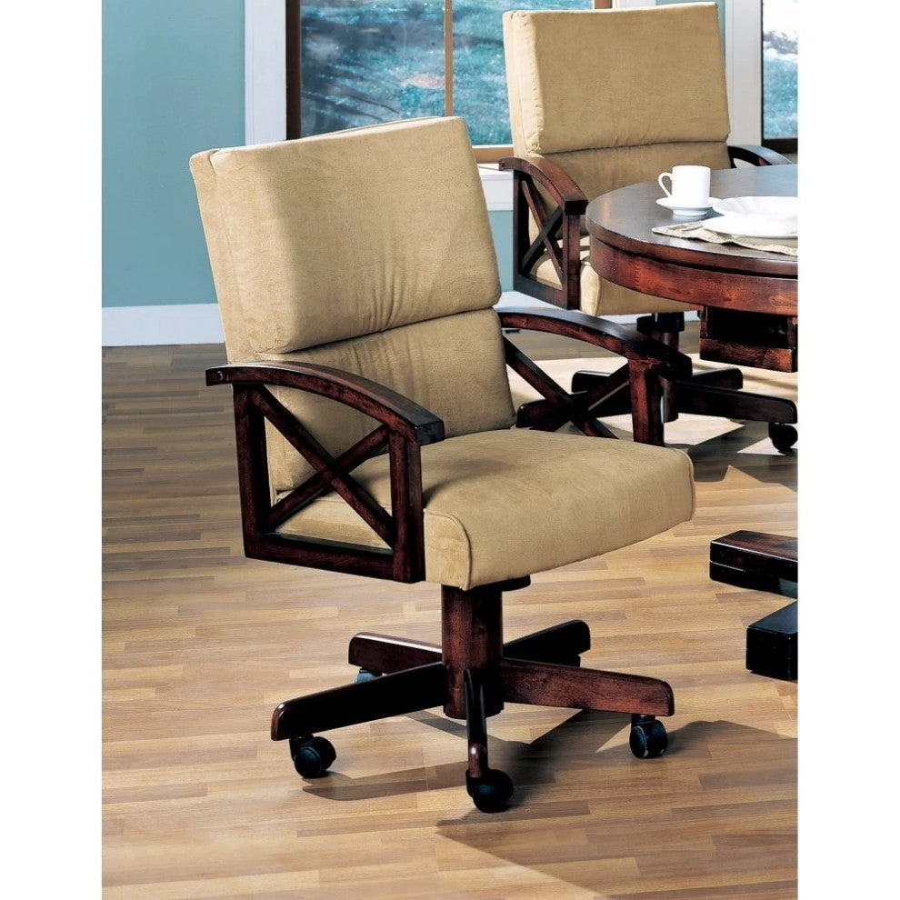 Swiveling Office Chair, Hardwood Frame With X-Accents & Brown Sherpi Fabric Seat