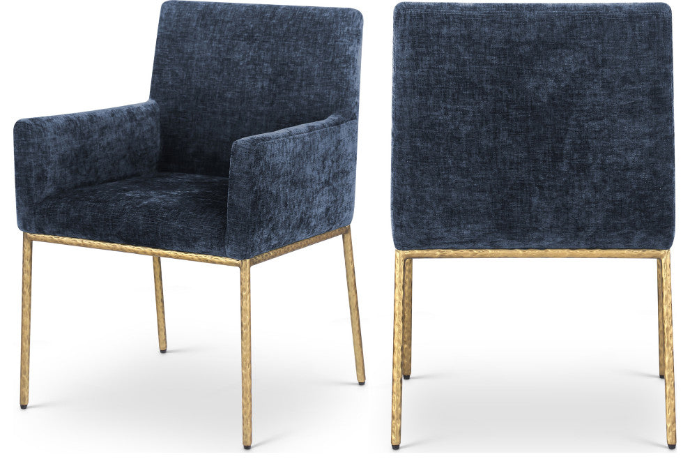 Reeves Upholstered Dining Chair, Navy, Chenille , AC,  Brushed Brass, Set of 2