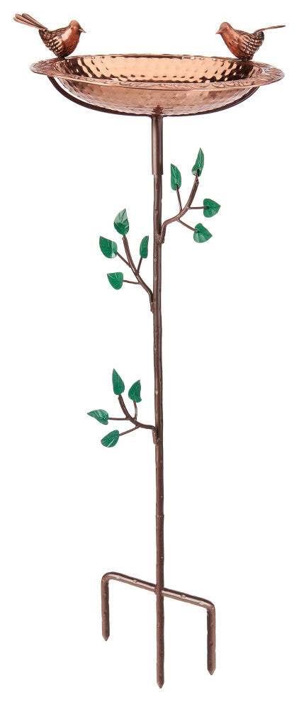 Pure Copper Bird Bath With 2 Copper Birds and Tree Theme Multiprong Garden Pole