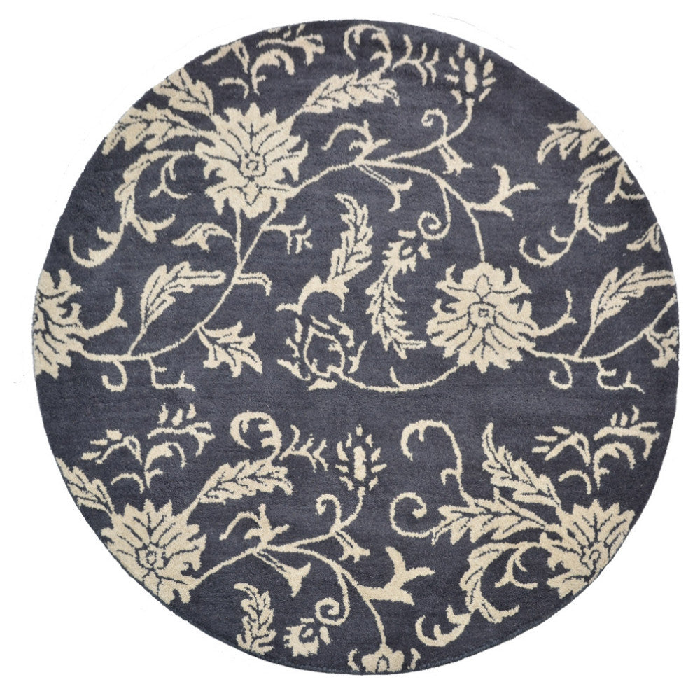 HAND TUFTED WOOL ECO-FRIENDLY AREA RUGS - Round,Charcoal Beige,Floral