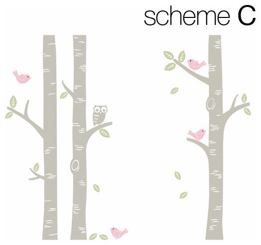 Birch Tree With Owl and Birds Wall Decal, Color Scheme C