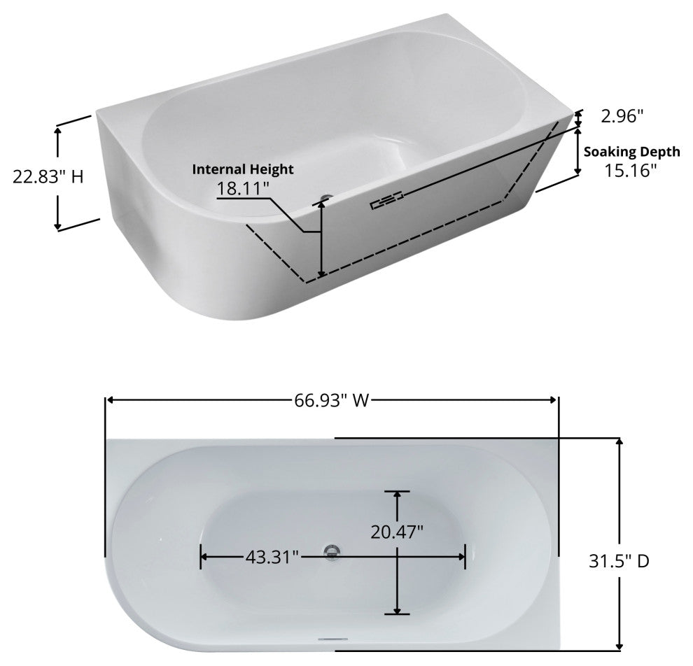 67" Freestanding Acrylic Bathtub in Glossy White