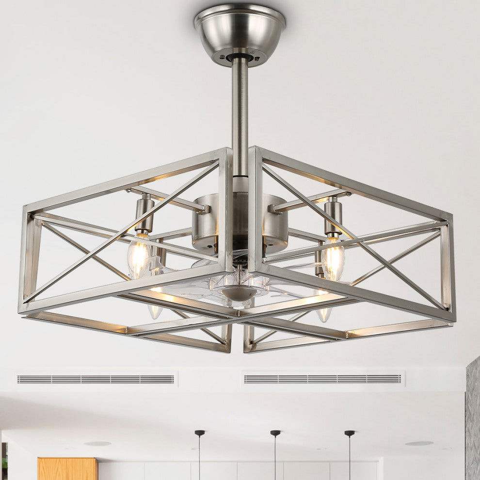 20" Cube Chrome Steel Caged Ceiling Fan With Lights, 4-Bulb With Remote Control