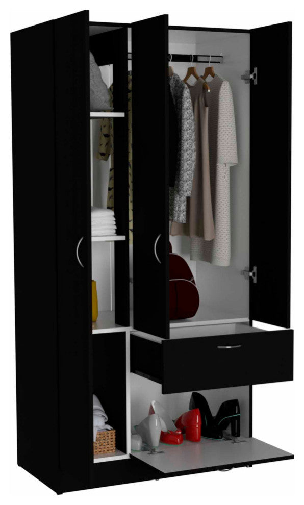 Ramblas Bedroom Armoire with 2 Cabinets, Drawer, and Upturned Drawer, Black