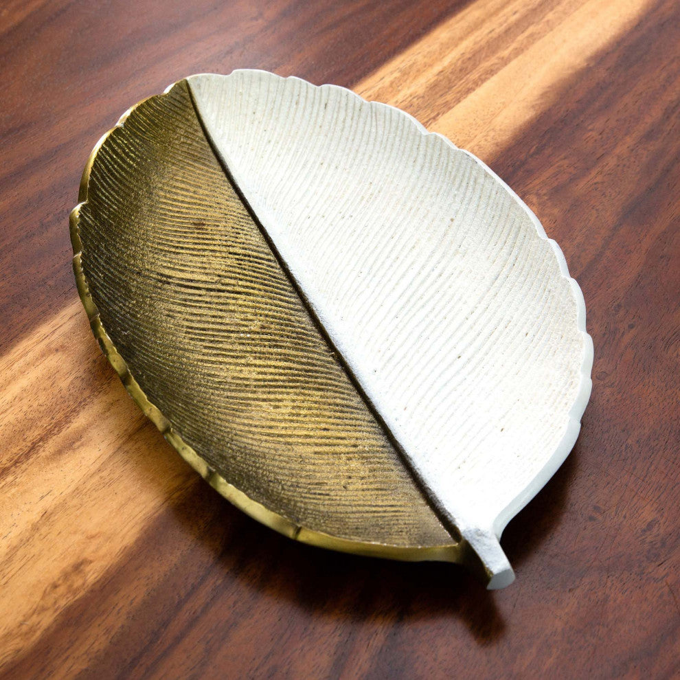 14in. Gold and White Leaf Decorative Accent Tray