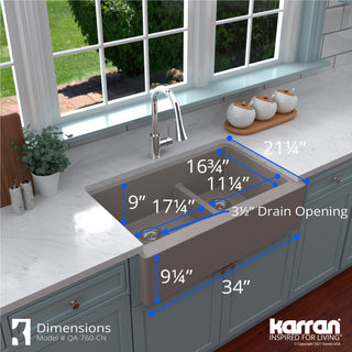 Karran Farmhouse Quartz 34" Double Offset Bowl Sink Kit, Concrete
