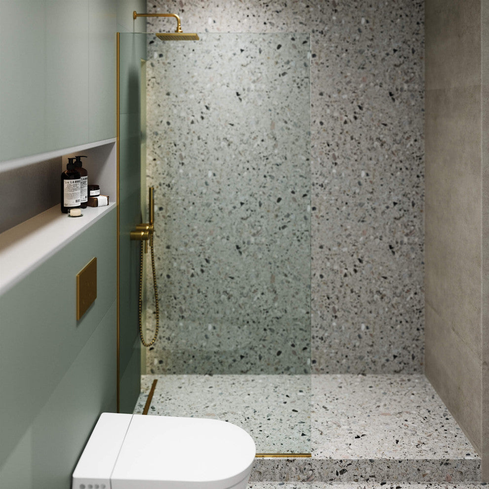Single Fixed Glass Shower Panel - Clear Tempered Frameless Shower Glass Door, Satin Brass, 34"