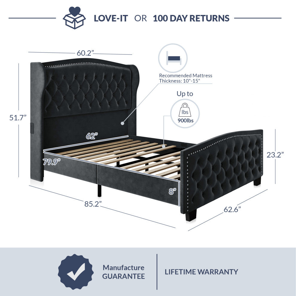 Queen Platform Bed Frame with Fast Charging Port, No Box Spring Needed, Gray