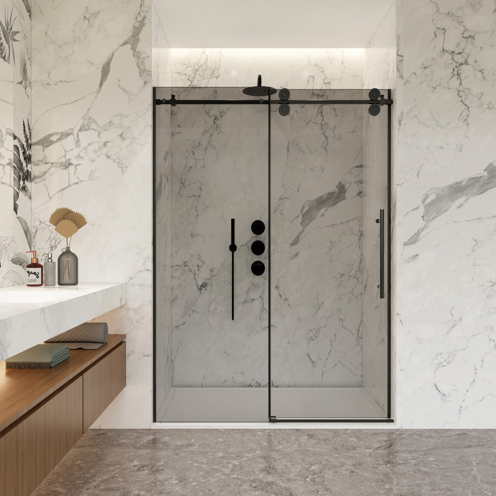 Echarri Single Sliding Frameless Shower Door, Tinted Glass, Matte Black, 48" W X 78"h