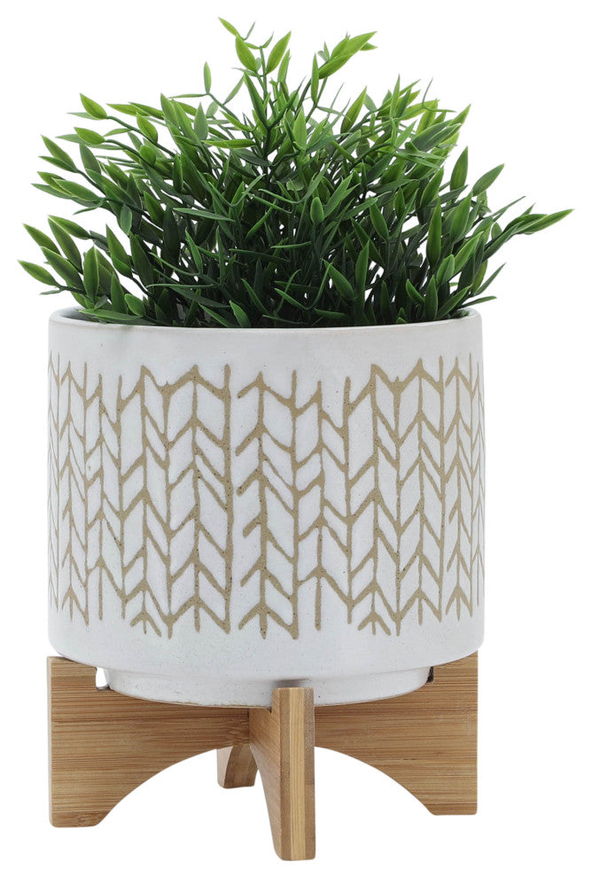 8" Chevron Planter With Wood Stand, Beige