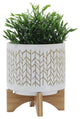 8" Chevron Planter With Wood Stand, Beige