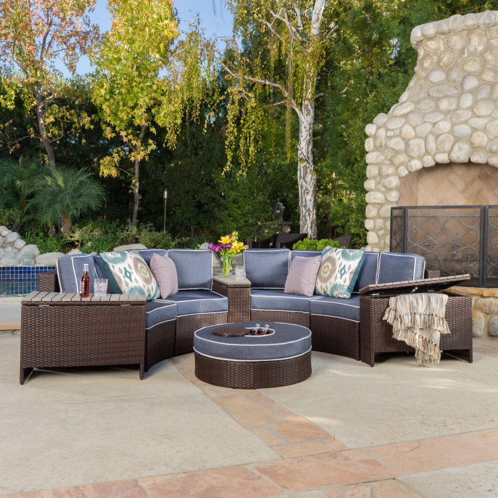 Mia Outdoor 4-Seater Wicker Curved Sectional Set With Wedge Tables, Navy, Ice Bucket Ottoman