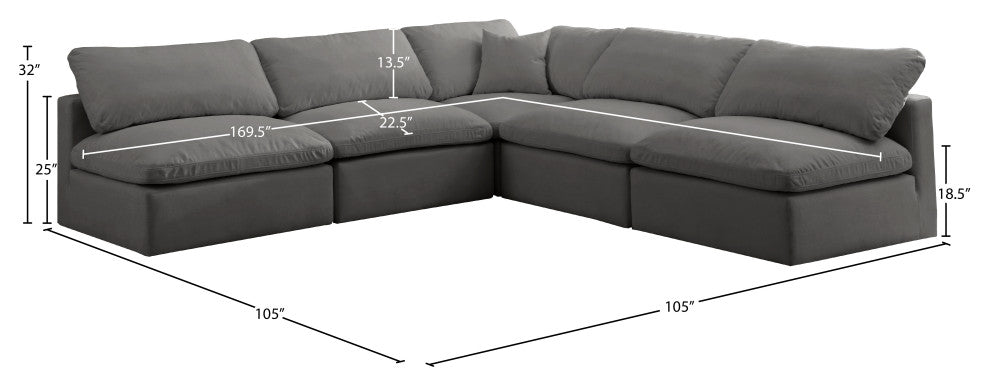 Plush Velvet / Down Standard Comfort L-Shaped Modular Sectional, Gray, 5-Piece: 4 Armless Chair, 1 Corner Chair