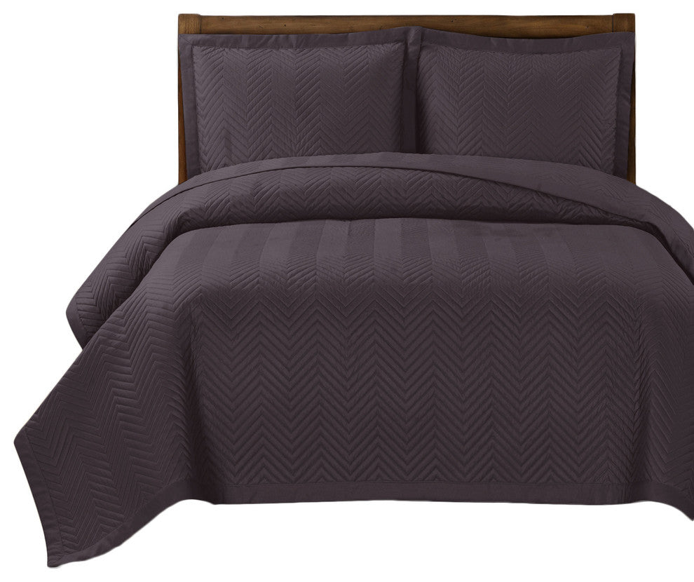 Chervon Reversible Lightweight Microfiber Coverlet Set, Plum, King/Cal King