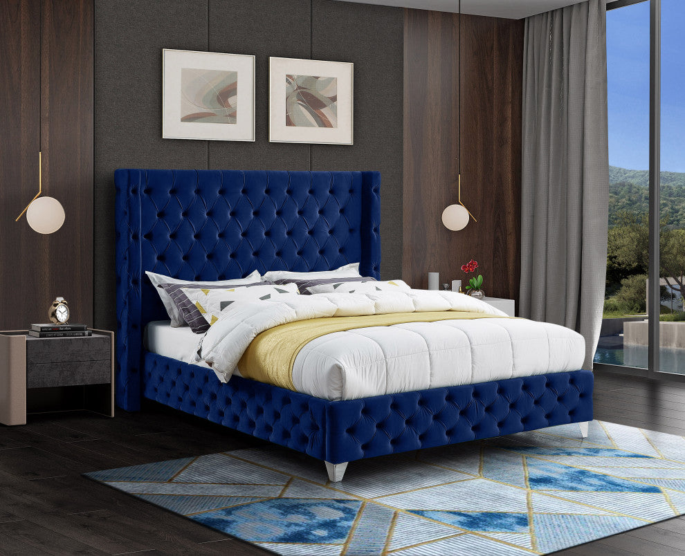 Savan Velvet Upholstered Bed, Navy, King