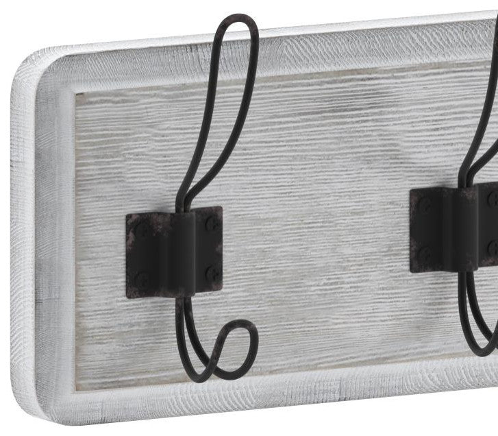 24 Inch Wall Mounted Solid Wood Storage Rack with 5 Hanging Hooks, White Wash