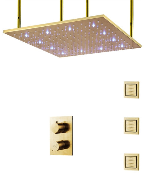 Nola 20" Brushed Gold LED Digital Rainfall Shower System With 3 Square Body Jets