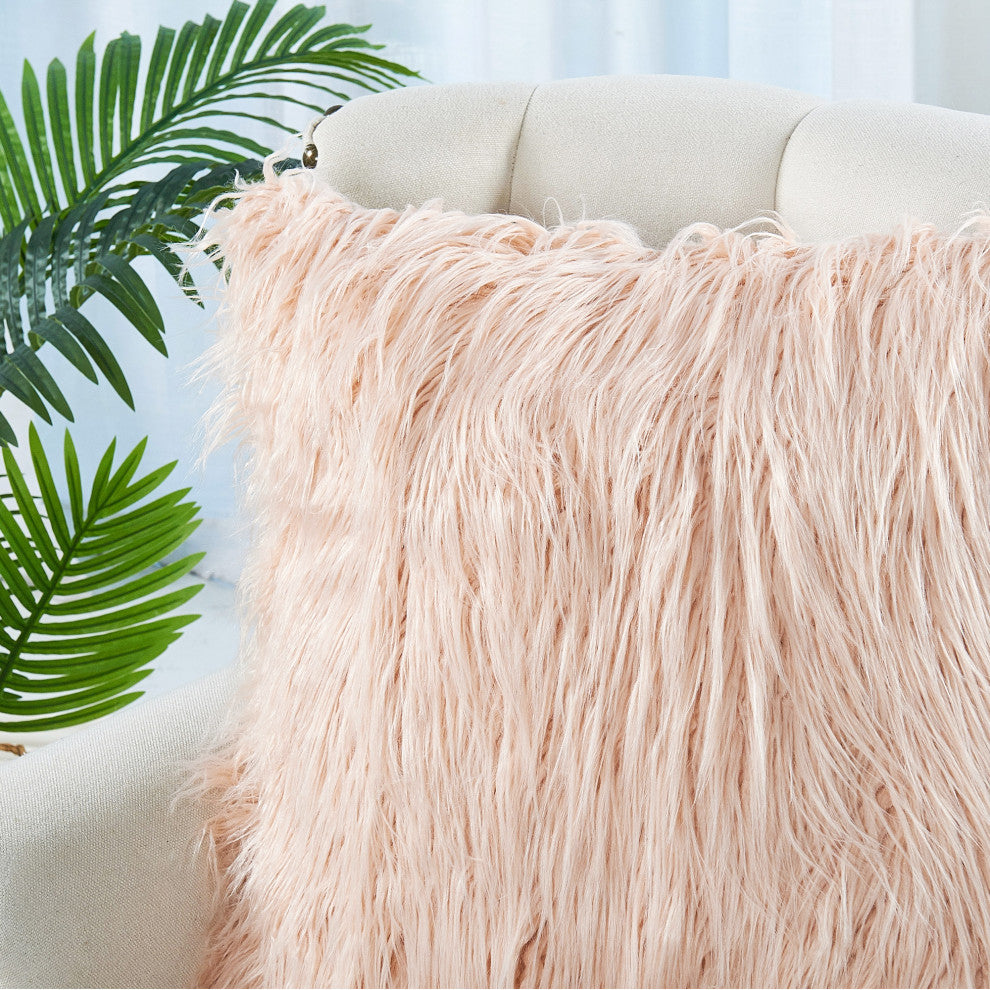 Mongolian Faux Fur Pillow Shell Set, Rose, 26"x26"