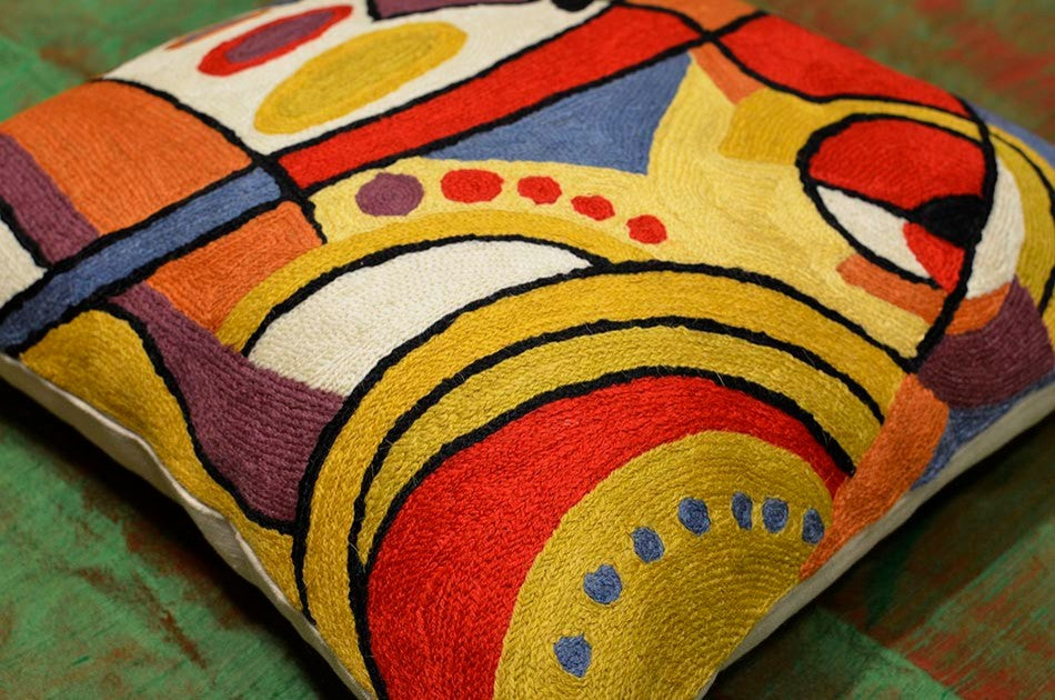 Decorative Musical Accent Pillow Cover Hand Embroidered Wool 18x18"