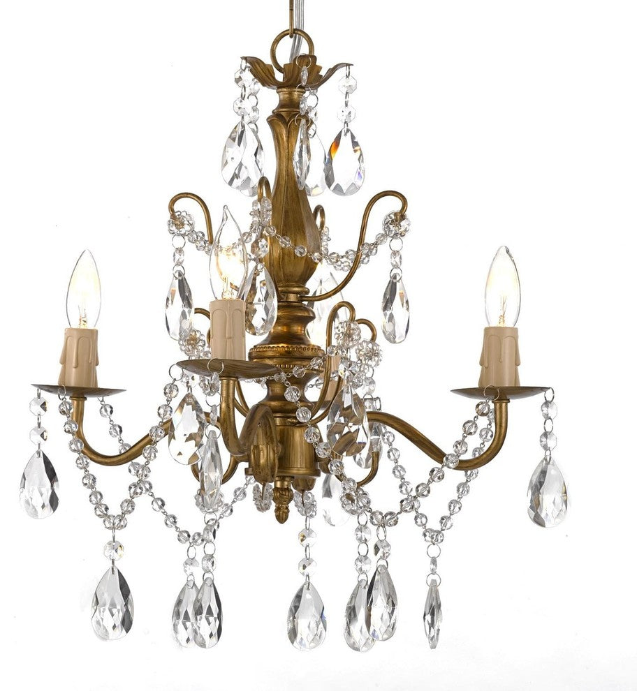 Wrought Iron and Crystal 4-Light Gold Chandelier 14"x15" Pendant Fixture
