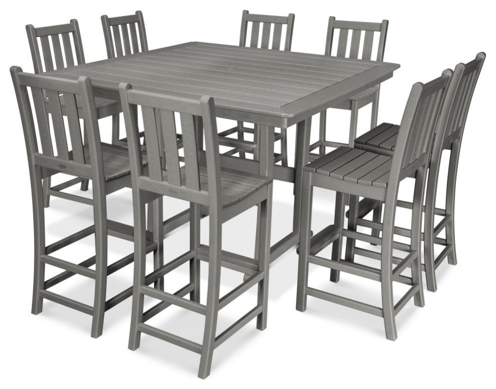 POLYWOOD Traditional Garden 9-Piece Nautical Trestle Bar Set, Slate Grey