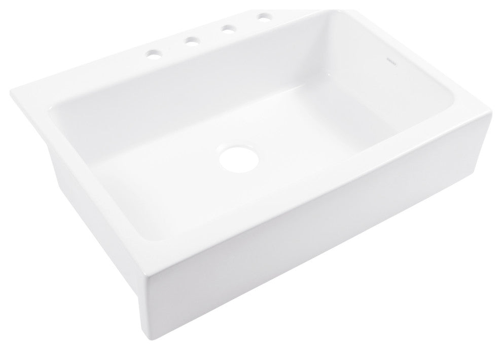 Parker White Fireclay 34" Single Bowl Quick-Fit Drop-In Kitchen Sink, 4 Holes