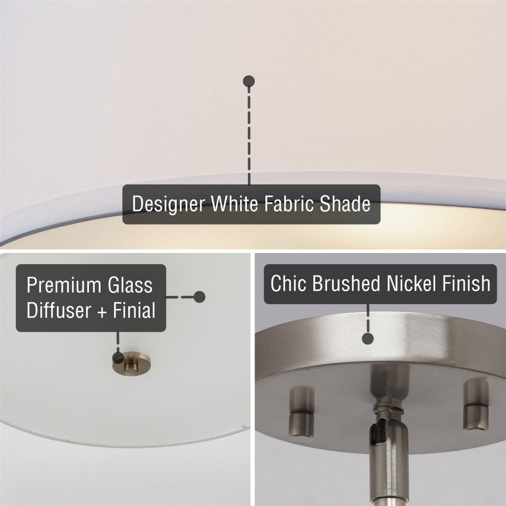 Kira Home Nolan 18" Drum Pendant Chandelier, White Fabric Shade, Round Glass