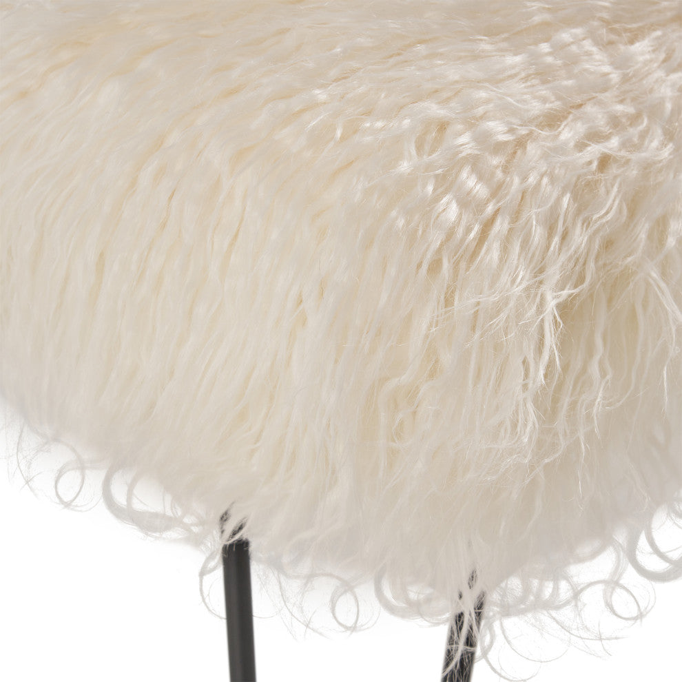 Louise Faux Fur Bench With Hairpin Legs, White, Black Finish