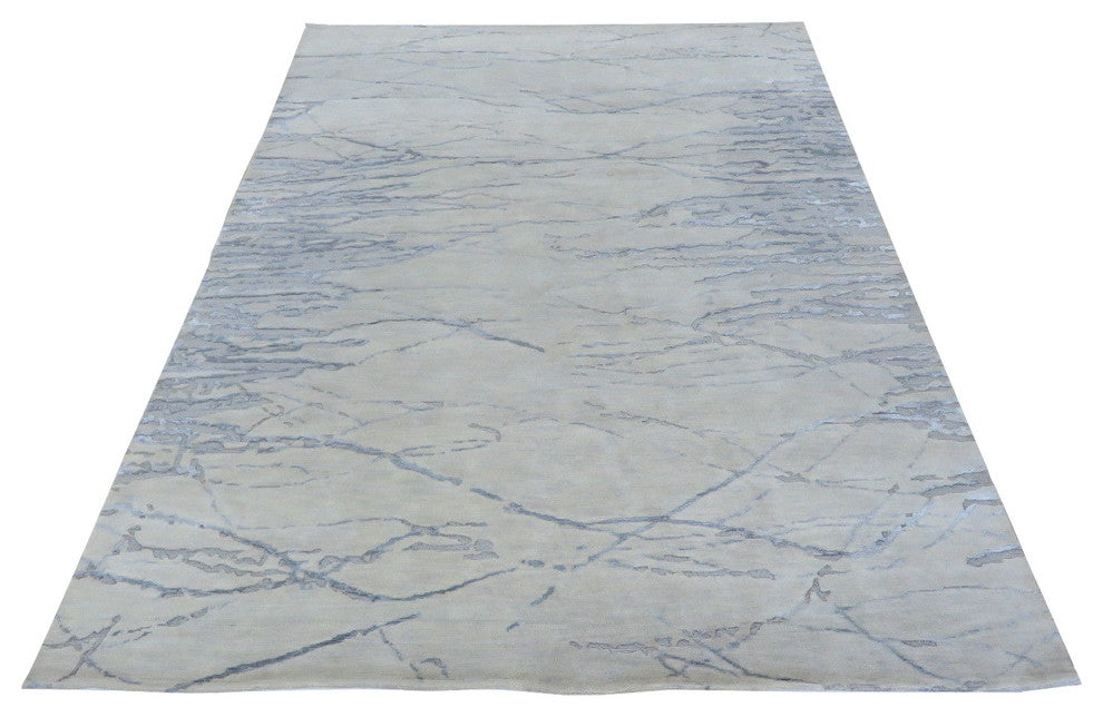 6'2x8'11 Hand Knotted Ivory Gray Modern Wool & Silk Oriental Rug