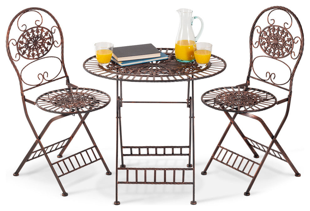 3-Piece Oval Bistro Set Folding Table and Chairs Patio Seating, Bronze