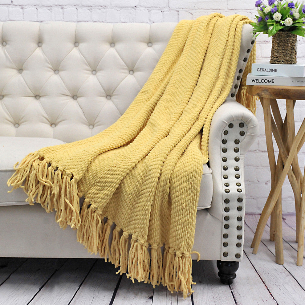 Tweed Knitted Throw Blanket, Jojoba Yellow, 50"x60"
