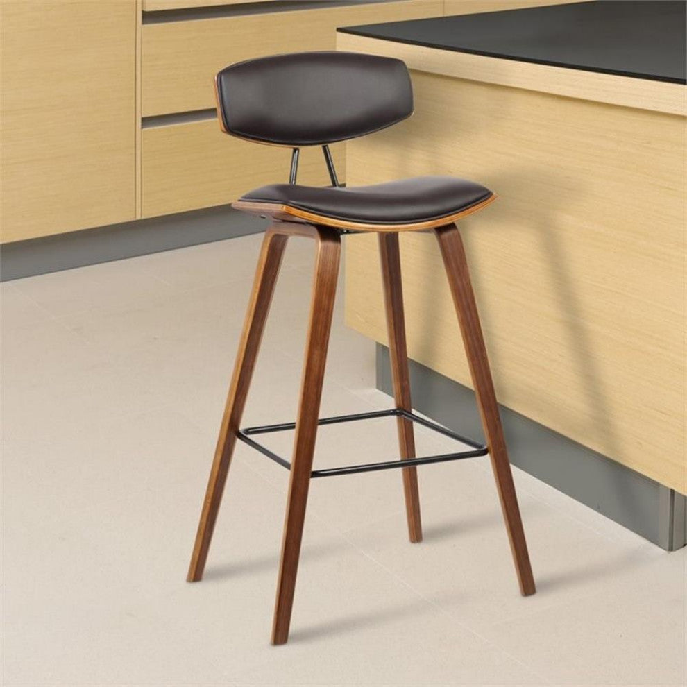 Armen Living Fox 28.5" Modern Faux Leather Bar Stool in Walnut/Brown
