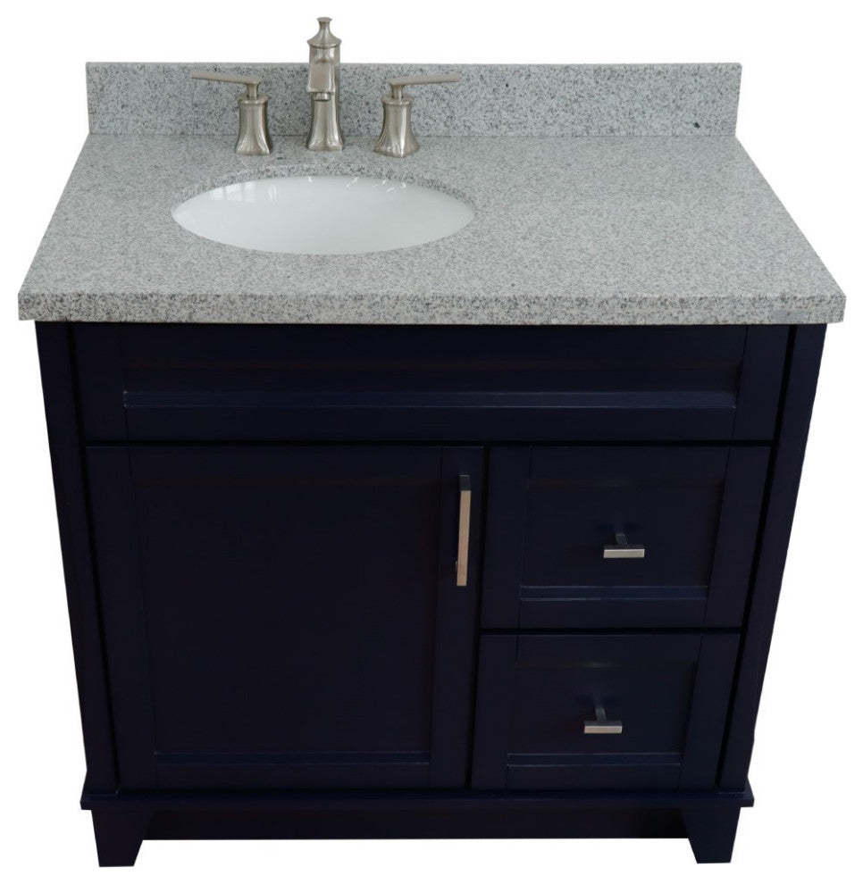 37" Single Sink Vanity, Blue Finish With Gray Granite And Left Door/Left Sink
